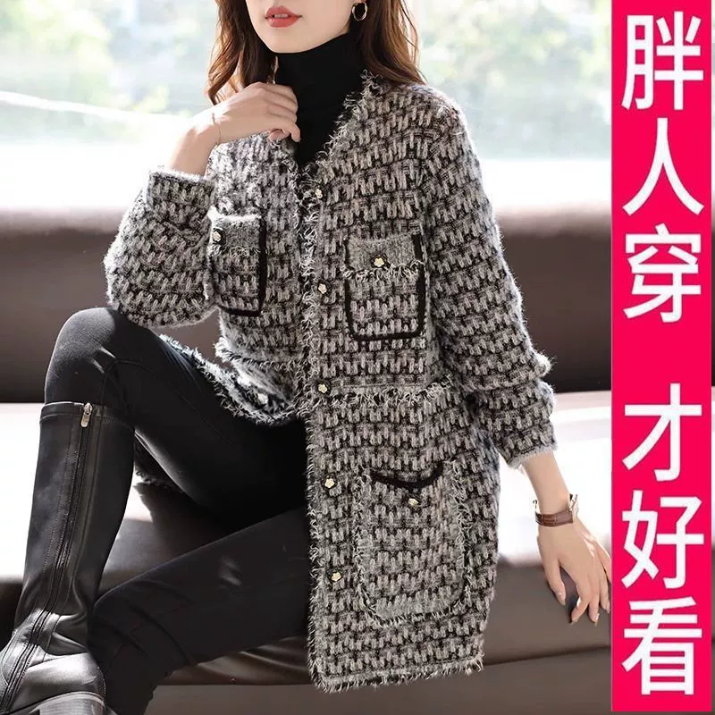 Длинная вязаная куртка, модный кардиган, стиль Chanel, средняя длина, плюс размер