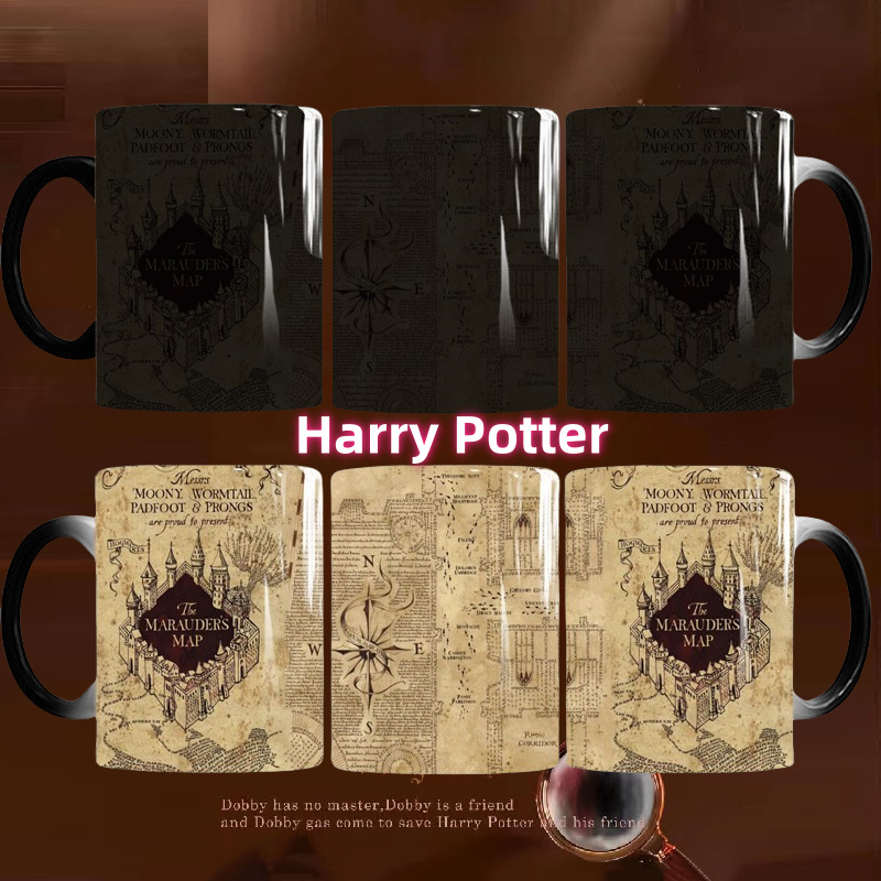Harry Potter Live Mapa de color cambiante taza de dibujos animados película y televisión periférico de estilo europeo de cerámica simple oficina sensible a la temperatura