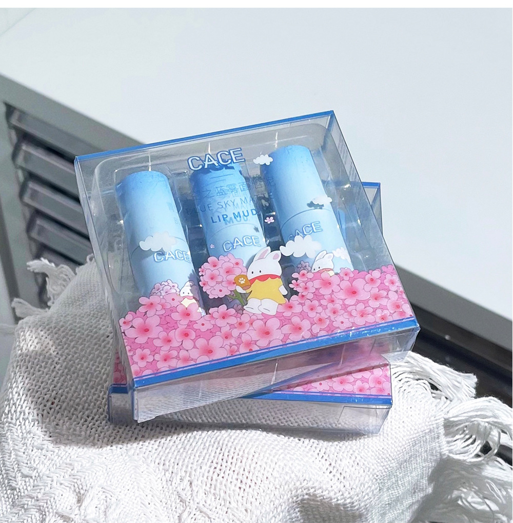 CACE Blue Sky Matte Lip Clay Anime Style Small cleft Lip Glaze Student Three-piece Blue Set Wholesale undefined