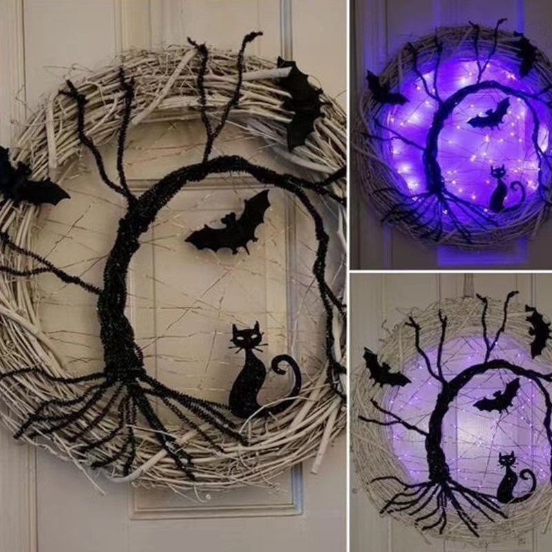 越境新品bat wreathコウモリと猫の花輪ハロウィーン藤条廊下発光装飾コウモリ花輪|undefined