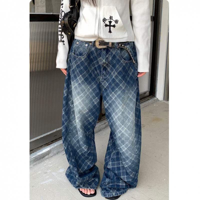 American Retro Washed Vintage Plaid Wide-Leg Jeans for Men and Women, Loose Casual Versatile Straight-Leg Floor-Length Pants American Retro Washed Vintage Plaid Wide-Leg Jeans for Men and Women, Loose Casual Versatile Straight-Leg Floor-Length Pants