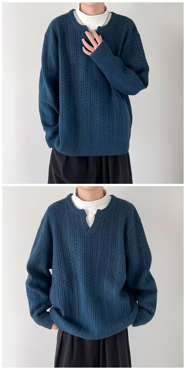 Pull en tricot à col en v pour homme en mélange coton hiver_voghion.com