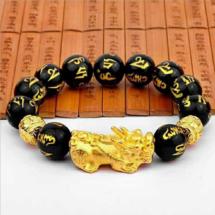 Imitation Obsidian Pi Xiu Bracelet Money Drawing And Luck Changing Golden Pixiu Six Words Mantra Bracelet Opening Ceremony Gift Gift display picture 1