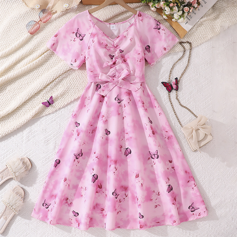 Meisjesjurk met schattige print en V-hals, slanke pasvorm, elegante lange jurk met korte mouwen voor jonge meisjes van 8-16 jaar._voghion.com