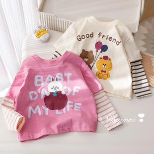 Girls' Autumn Long-Sleeved T-Shirt Korean Style Cute Printed Top Spring & Fall New Baby Stitching Contrasting Color Bottoming Shirt Cotton