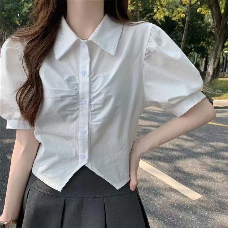 Summer New White Shirt for Women, College Style Puff Short-Sleeved Shirt, Versatile Irregular Pleated Short Top for Women Summer New White Shirt for Women, College Style Puff Short-Sleeved Shirt, Versatile Irregular Pleated Short Top for Women