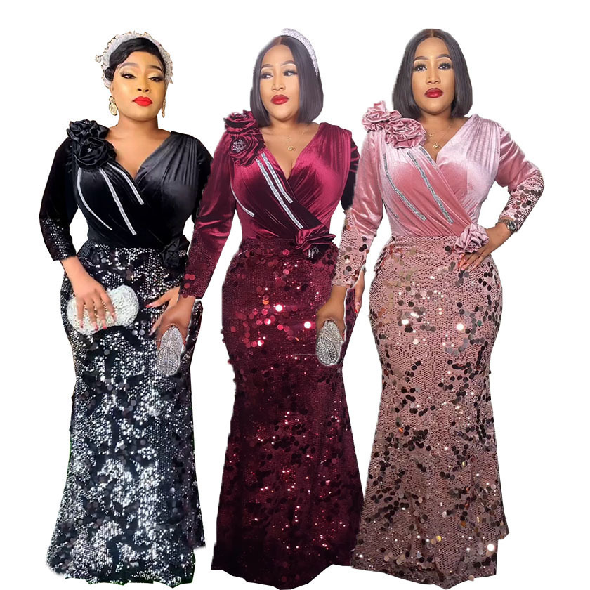 Damenbekleidung Mode schlanke Samt Pailletten Abendkleid Kleid_voghion.com