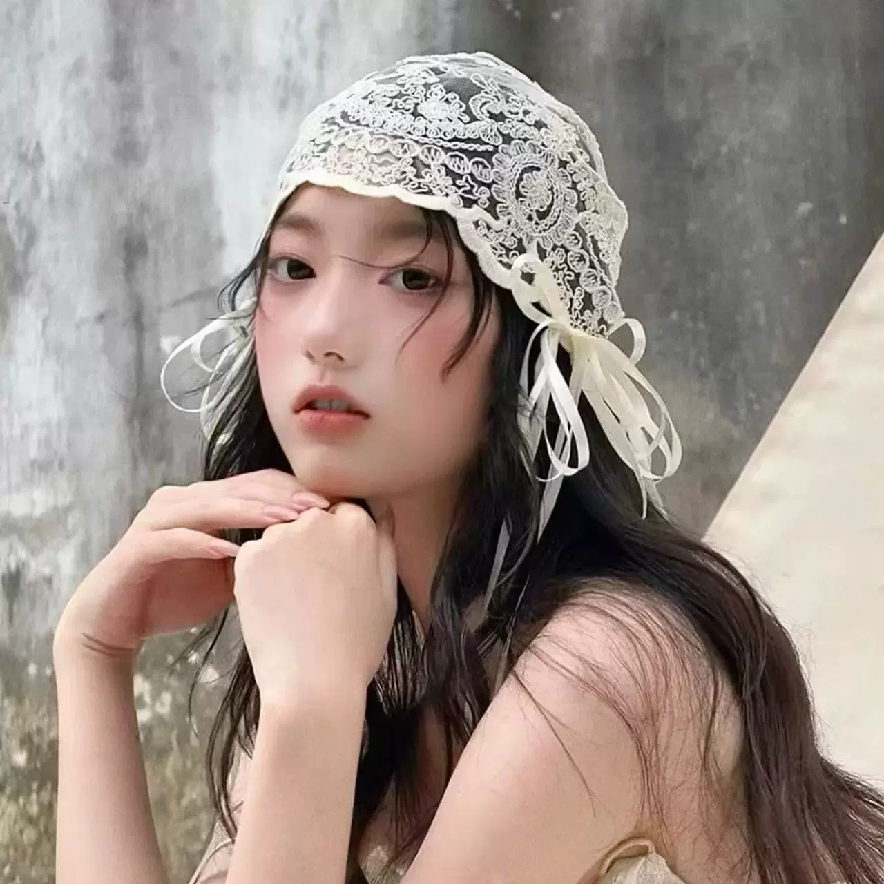 新款复古蕾丝帽纱蝴蝶结包头米色头纱高级感新娘结婚婚纱礼服头饰