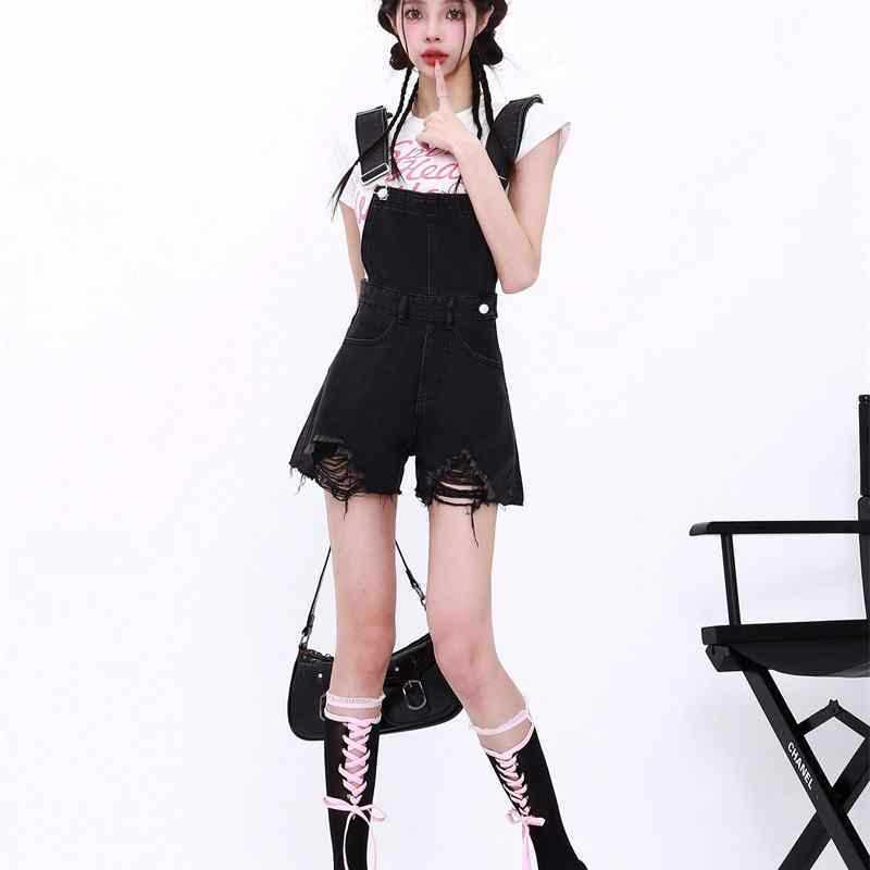 Age-reducing Denim Overalls Women's New Arrival Ruffled Wide-leg Slimming Loose Straight Korean Denim Shorts One-piece Pants