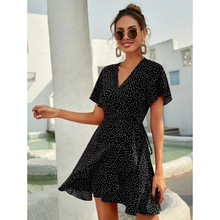 A 12281 V-neck Ruffle Print Midi Dress V ���Ҷ��ӡ��ȹ