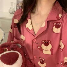 ins風草莓熊可愛日系睡衣2022新款秋冬季開衫長袖學生家居服套裝