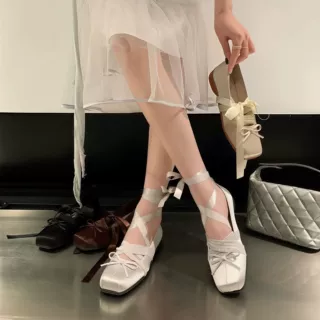 羊皮版法式玛丽珍女鞋内增高方头蝴蝶结芭蕾鞋厚底百搭绑带单鞋女