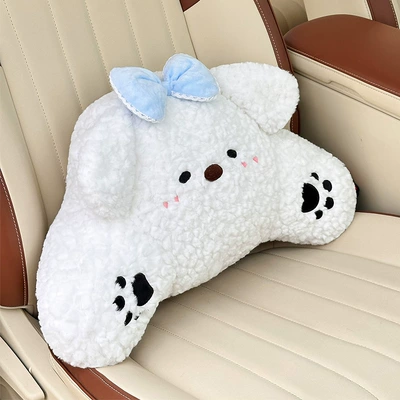 Cartoon Car Headrest and Lumbar Waist support - white-plush-puppy-lumbar-support-pillow