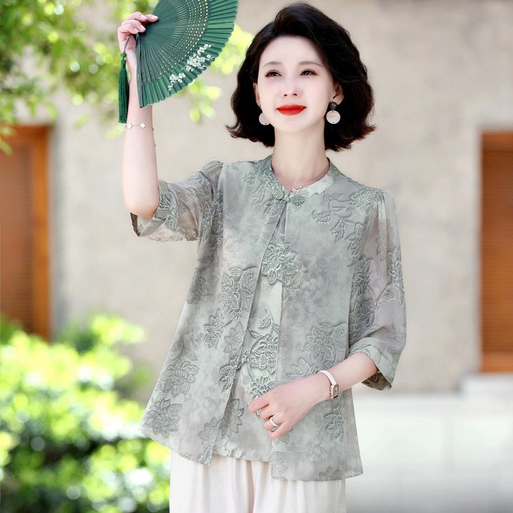 中老年女装妈妈新中式两件套2025新款春秋季衬衣小衫夏季国风套装|undefined