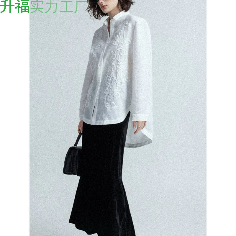 重工業立体刺繍/自己完結型で落ち着いたテンセルリネンカジュアル日焼け止め白シャツレディーストップス|undefined