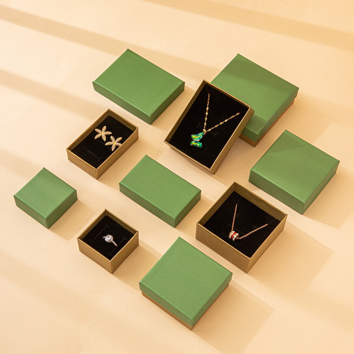 Caja de embalaje clásica de joyería verde-dorado, collar, caja de regalo, brazalete, orejas, cubierta de joyería, caja de regalo