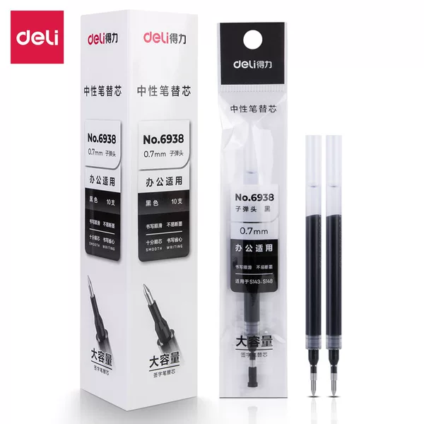 Deli 6938 office neutral pen replacement core 0.7mm bullet Black 10 for Deli S143