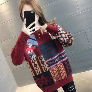 跨境热销慵懒风圆领圣诞毛衣女宽松大码卡通圣诞节日毛衣定制工厂