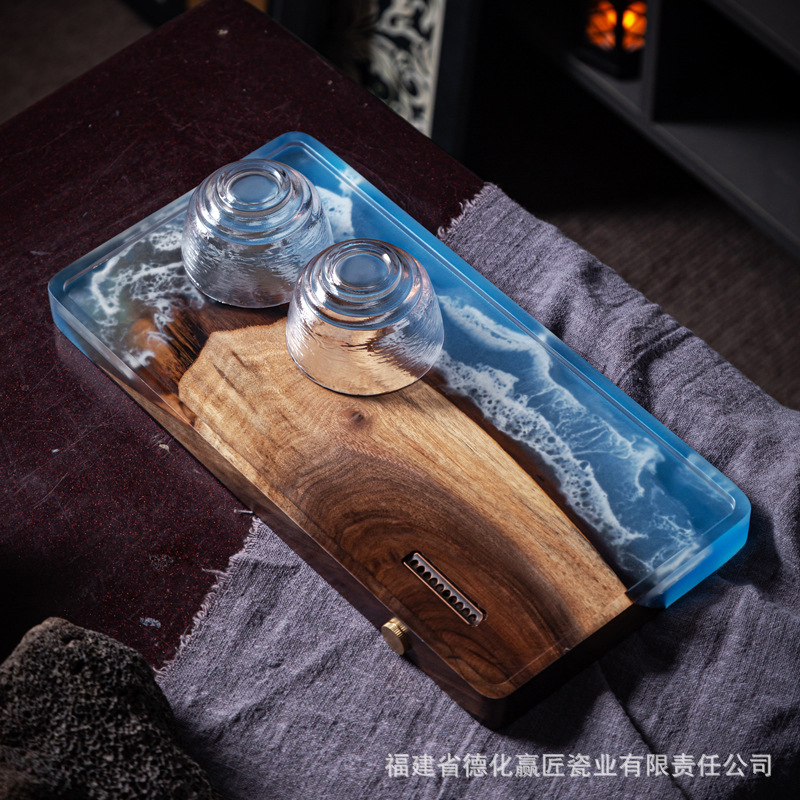 Placa de comedor de nogal de resina de río, madera de acacia, bandeja de té de dim sum de madera maciza, bandeja retro cuadrada redonda al por mayor