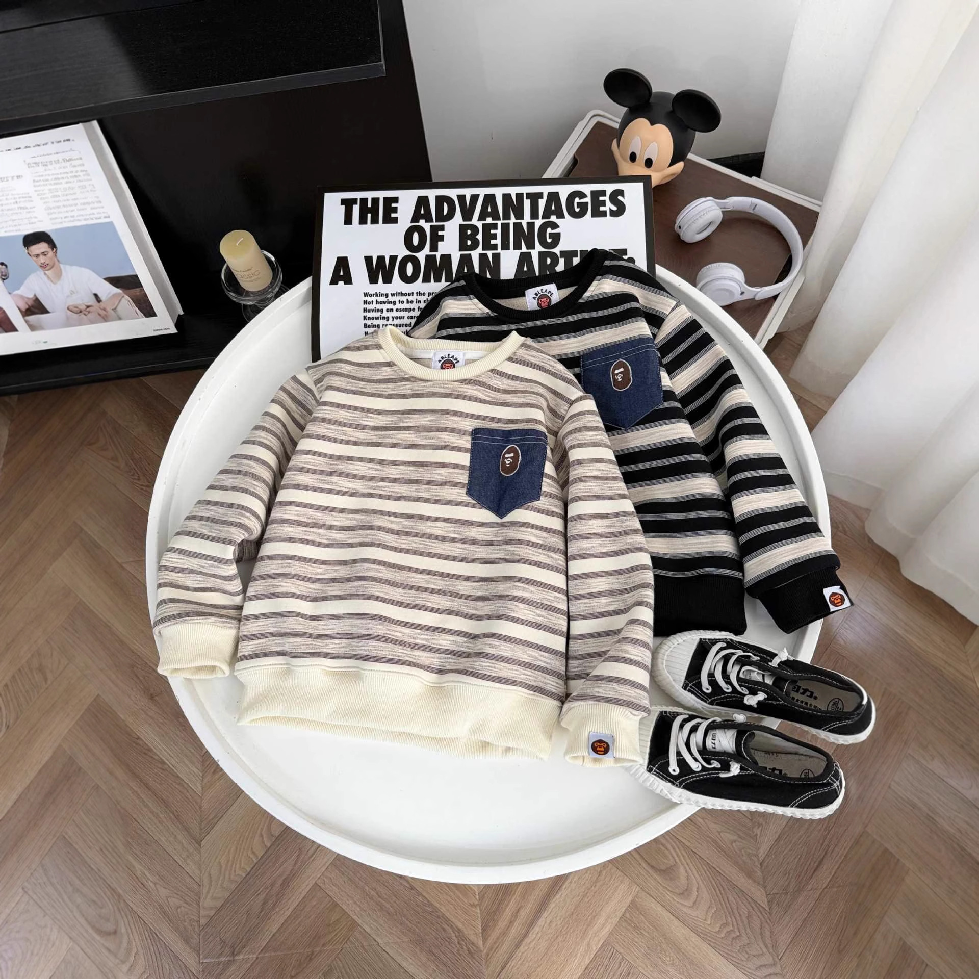 Children's Sweatshirt Winter New Korean Style Cartoon Letter Round Neck Pullover Stripesd Velvet Sweatshirt Long-Sleeved Kidsren's Clothing Thermal Clothing