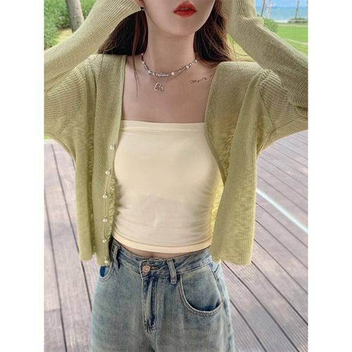 Knitted open women's thin version 2025 summer air-conditioning sweater, ice silk coat, strap dress outerwear, outer sunscreen jacket top