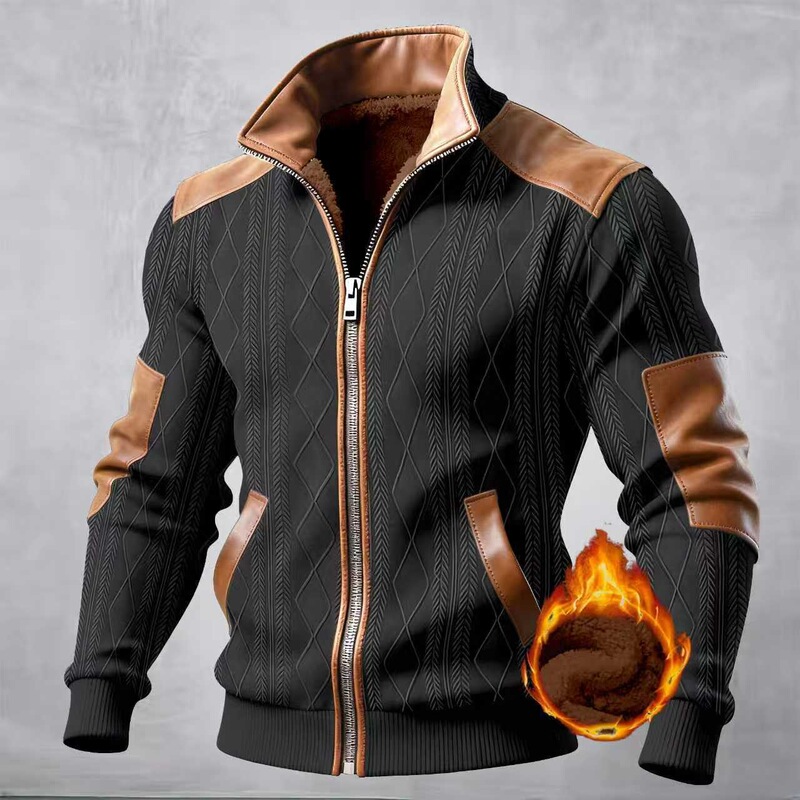 New cross-border European size men's textured jacquard fleece patchwork fashion warm casual jacket New cross-border European size men's textured jacquard fleece patchwork fashion warm casual jacket