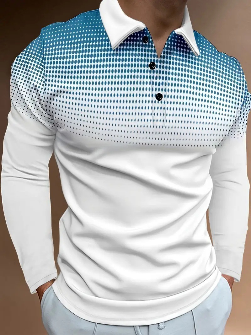 Puntos de color degradado simples con estampado 3D para hombres casuales de todo fósforo negocios sueltos de manga larga con cuello con botones en stock