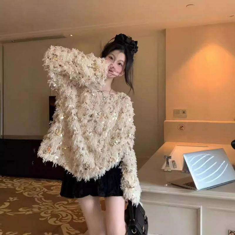 Yuns European-Style Atmospheric Sequin Knit Cardigan for Women, Autumn and Winter French Round-Neck Design, Mid-Length Loose Top