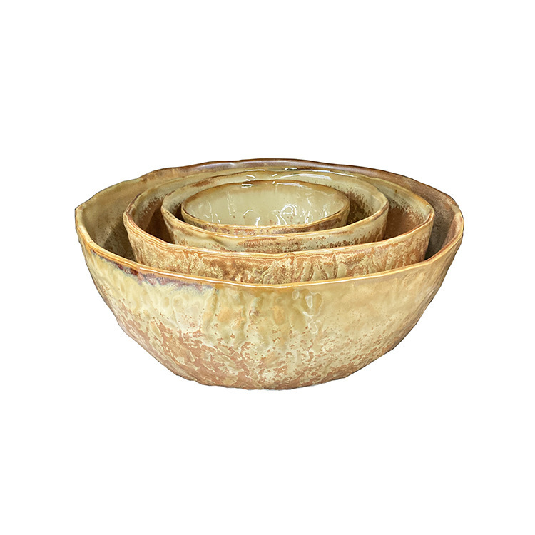 Beige imitation pottery ceramic round vegetable bowl 7-10 inch ins style stone pattern round bowl fruit salad vegetable bowl