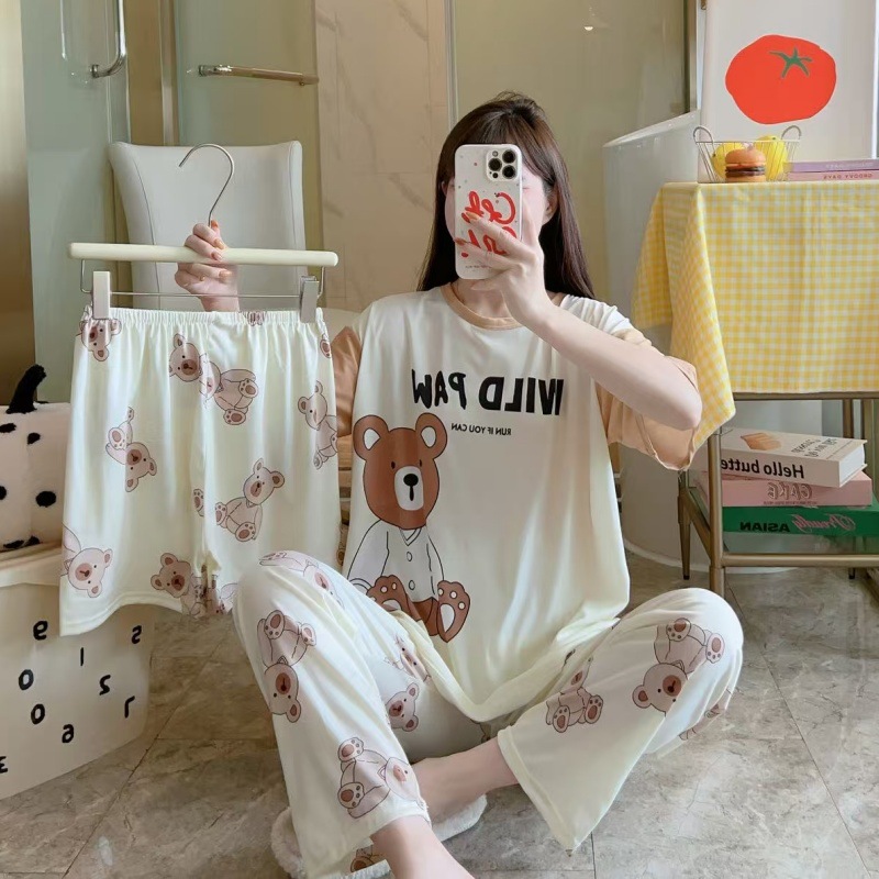 Pijamas de verano transfronterizos pijamas de leche de seda de tres piezas set de dibujos animados comercio exterior ropa para el hogar pantalones de mangas cortas lindos