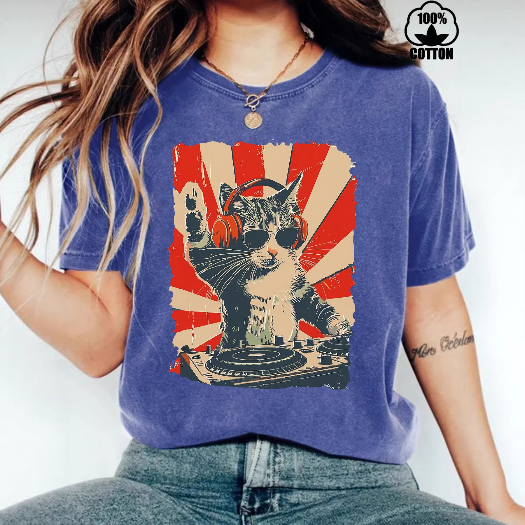 Independent Cross-Border Summer Pure Cotton Washed Vintage Dj Cat Print Round Neck Pullover Short Sleeve Ebay Women's T-Shirt