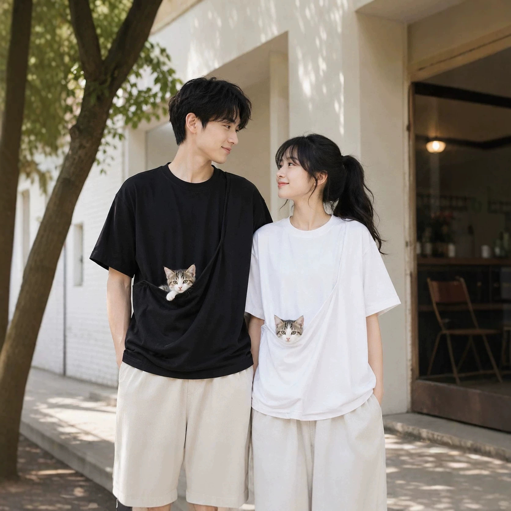 Couple's cotton-polyester crossbody T-shirt with large pockets - Take your beloved pet to see the world!!!
