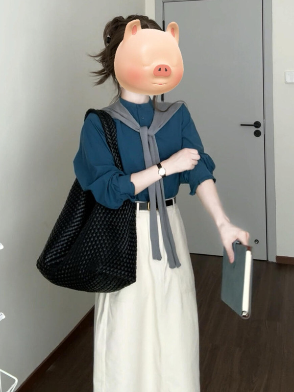 高级感穿搭半身连衣裙子女夏2025新款早初秋蓝色长袖衬衫两件套装|undefined