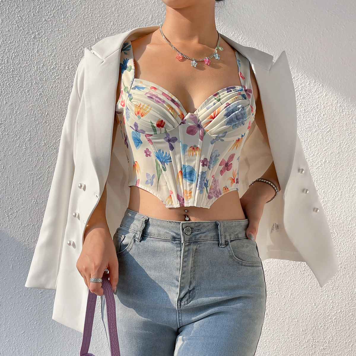 Streetwear Flower Spandex Polyester U Neck Zipper Wrap Crop Top
