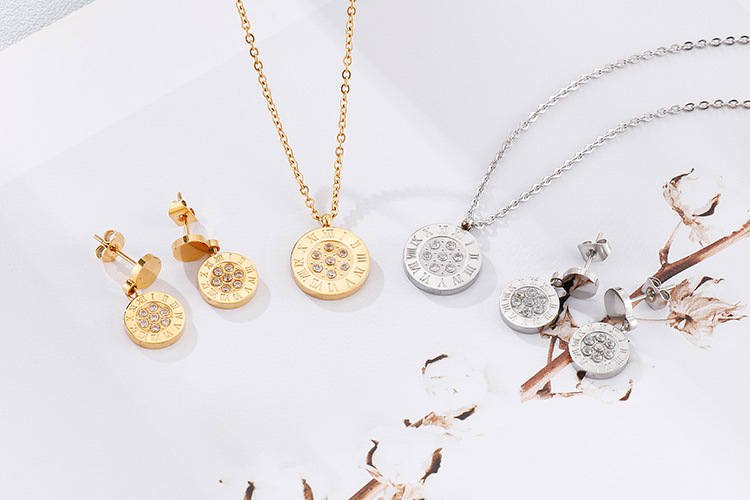 wholesale fashion geometric diamond pendant titanium steel earrings necklace set Nihaojewelry