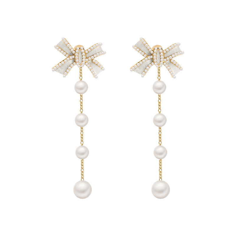 Korean bowknot pearl tassel earrings new trendy one pair of earringspicture4
