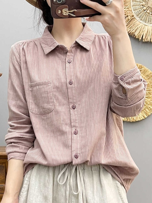 2025春秋款复古文艺范棉纱衬衫女士宽松显瘦竖条纹长袖打底衬衣|undefined