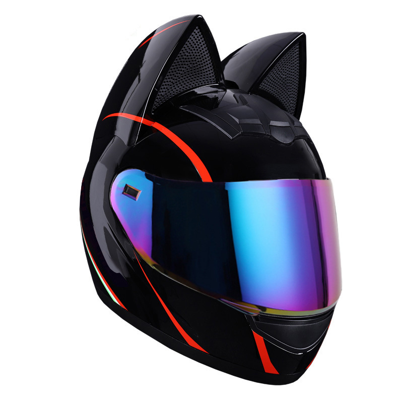 Casco de motocicleta eléctrica HNJ, casco integral con oreja de gato certificado 3C para mujer, verano, se puede equipar con auriculares Bluetooth, casco integral para motocicleta
