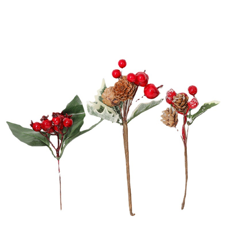 Decoraciones navideñas transfronterizas con bayas, frutos rojos, piñas, enredaderas de cerezo y ramas de pino para accesorios de decoración de árboles de Navidad.