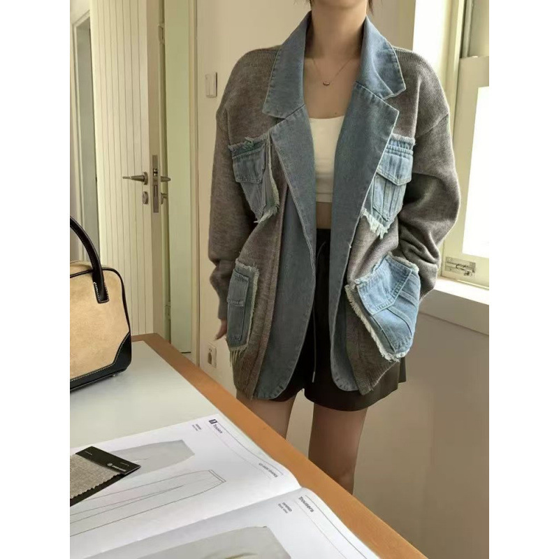 针织拼接牛仔外套女中长款韩版宽松百搭显瘦2025新款假两件上衣|undefined