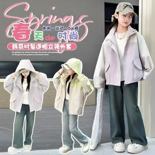 Girls' Jacket Spring and Autumn Stylish Hooded New Fashion Windbreaker Children's Top Casual Color-Blocking Jacket