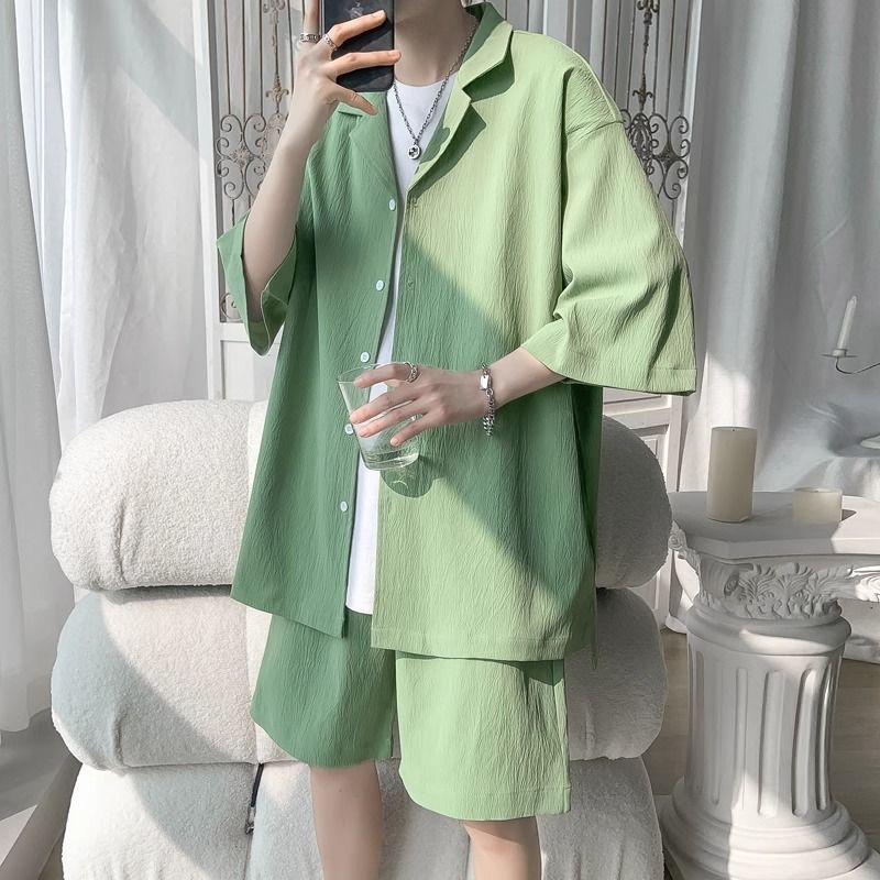 セクシーストリートスーツメンズ夏英国ヤッピーメンズスーツカップル成熟したアイスシルク七分袖シャツ|undefined