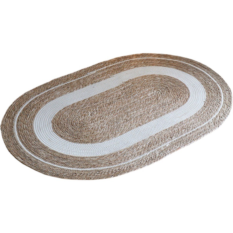Alfombra ovalada de paja tejida de ratán para influencer de fotografía, tapete decorativo para dormitorio, casa de huéspedes, habitación de modelo de hotel.