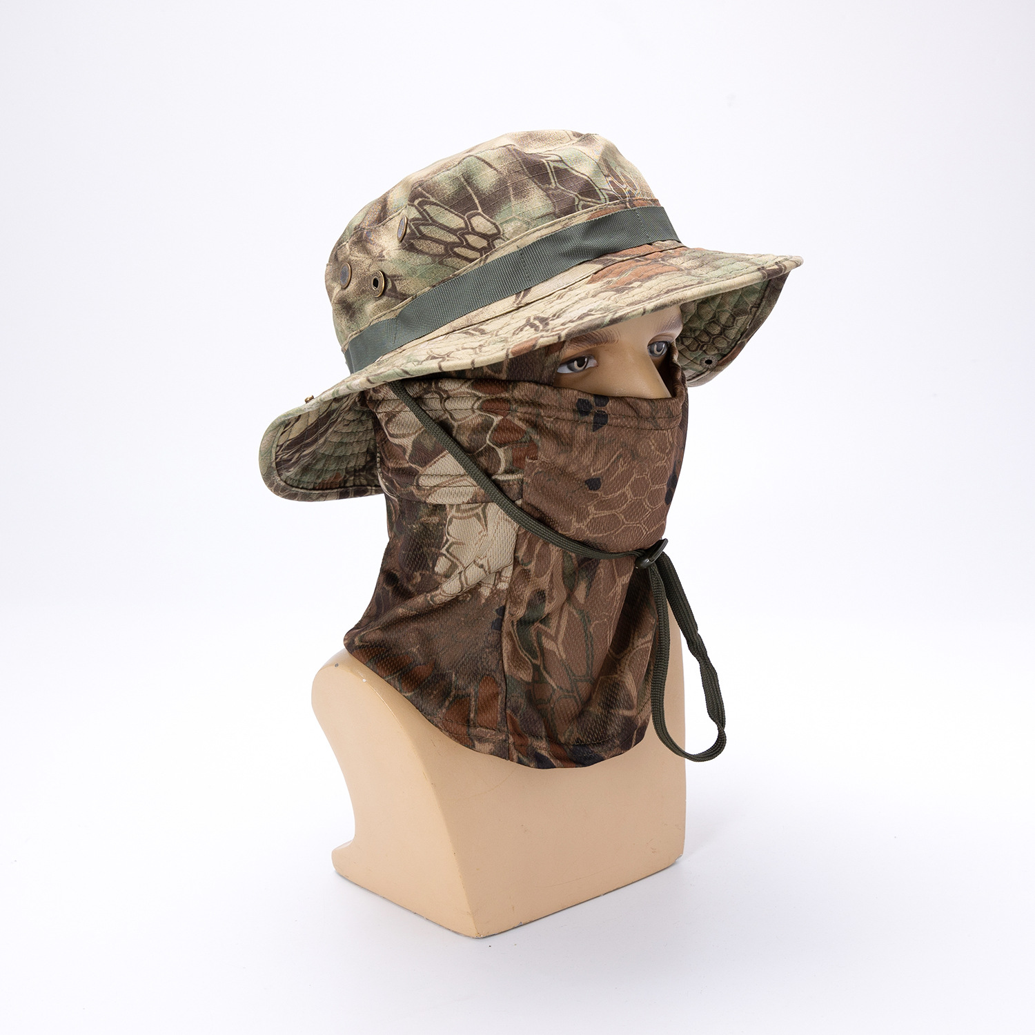 Sombrero de borde redondo de camuflaje transfronterizo Sombra de sol al aire libre Tácticas Funda de sombrero Benny Tapa de ley Balafak Máscara de pesca