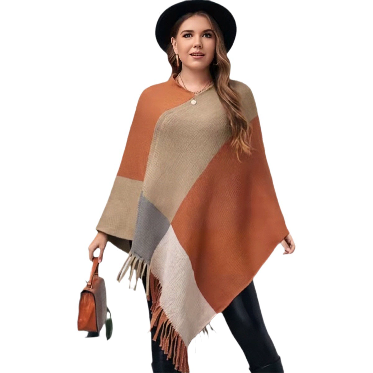Европейская и американская женская одежда больших размеров, Женская контрастная цветная шаль-пончо, трикотажная одежда, осенне-зимний пуловер, свитер «летучая мышь», пальто