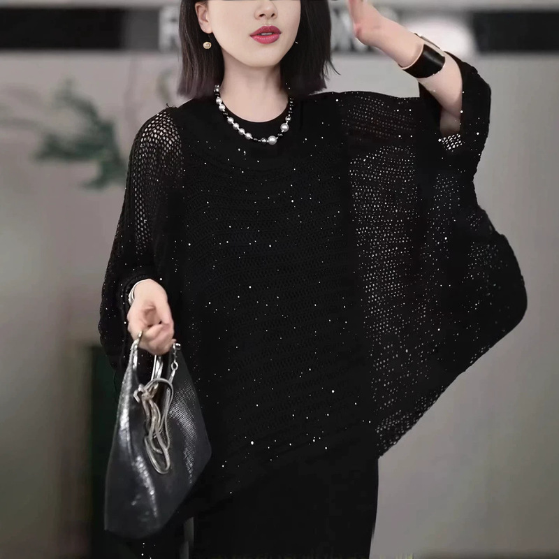 Korean-style high-end fashion sequined round-neck hollow bat-sleeve knit sweater for women, spring loose-fitting slim-fit pullover top