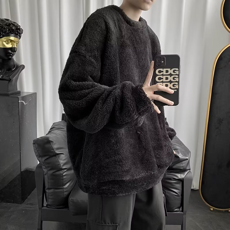 Lamb Wool Sweater Men's Loose Korean Fashionable Long-sleeved T-shirt Winter Thickened Flannel Warm Top Base Shirt