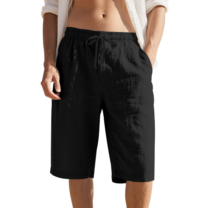 Estación independiente de lino transfronterizo cuerda elástica cintura recta piernas TK color sólido transpirable playa diaria siete puntos pantalones cortos casuales para hombres