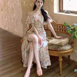 茶歇法式超仙绝美荷叶边开叉碎花吊带连衣裙女气质海边度假裙薄纱