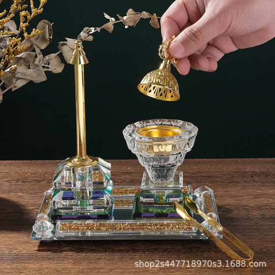 Square Golden Glass Plate Incense Burner Set Arabian Crystal Incense Insert Middle Eastern Perfume Bottle Ornaments Bakhoor